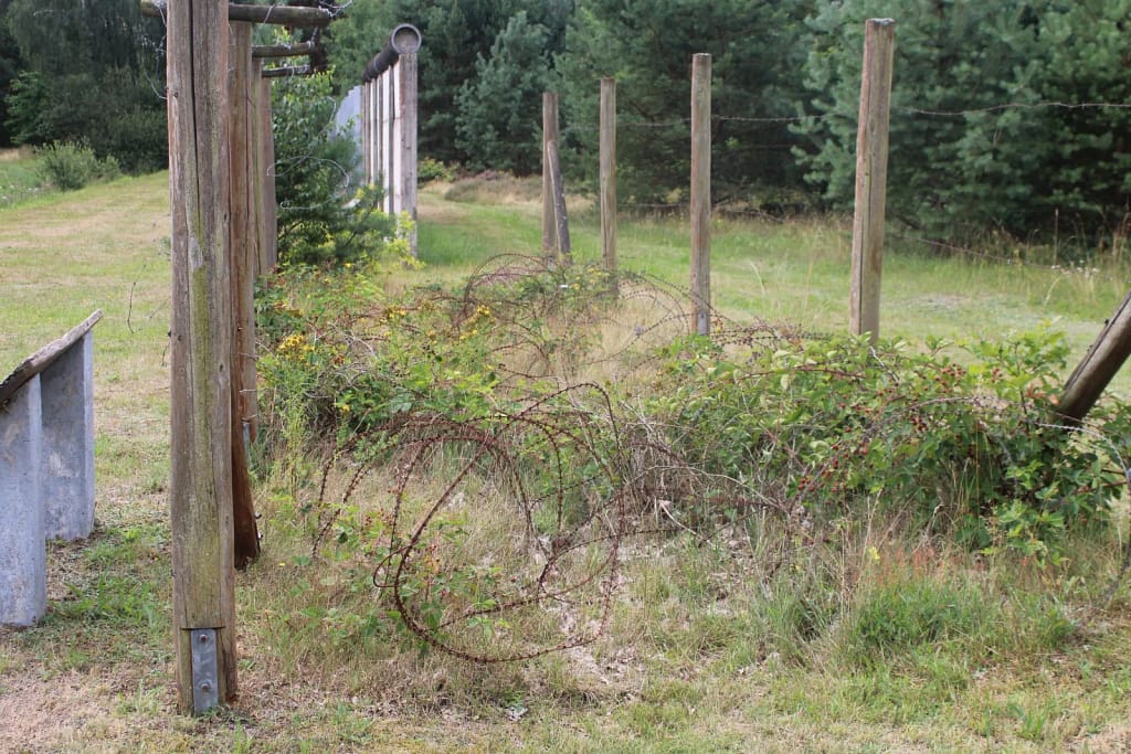 Stacheldrahtzaun am Grenzlehrpfad Böckwitz-Zicherie, wie er ab 1961 zur Sicherung der innerdeutschen Grenze eingesetzt wurde