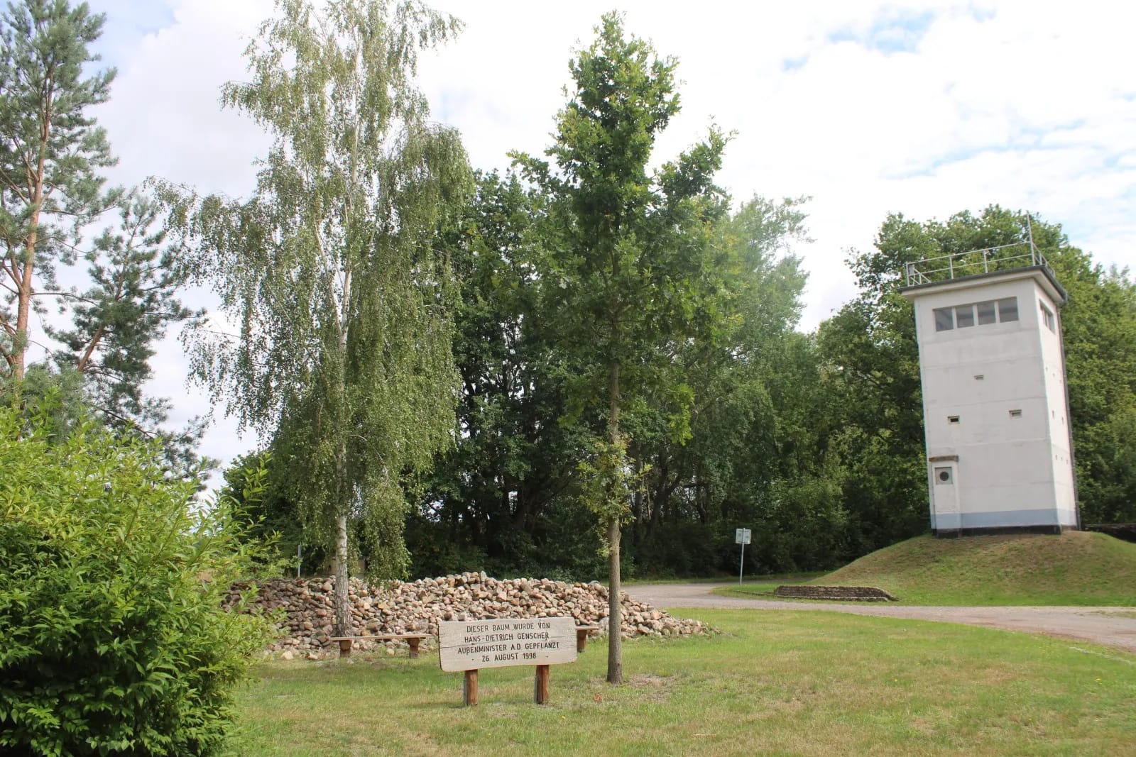 Blick auf den von Hans-Dietrich Genscher im August 1998 gepflanzten Baum am Grenzlehrpfad Böckwitz-Zicherie