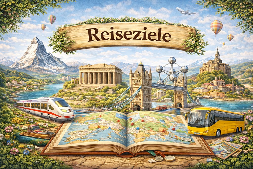 Reiseziele auf den Bild ist ein Atlas und ein paar Ziele abgebildet