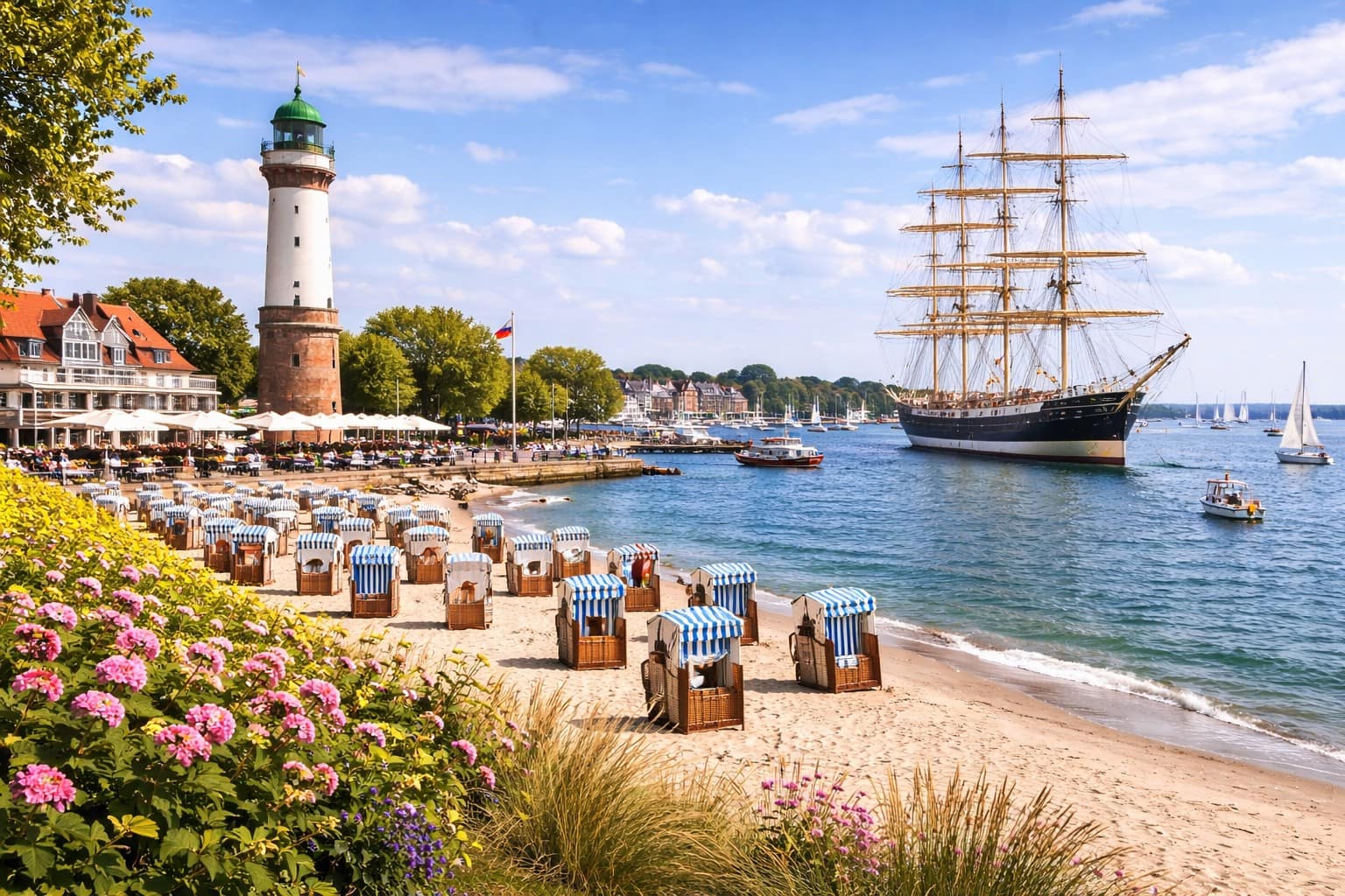 Travemünde mit Passat Strandkörben und Leuchtturm